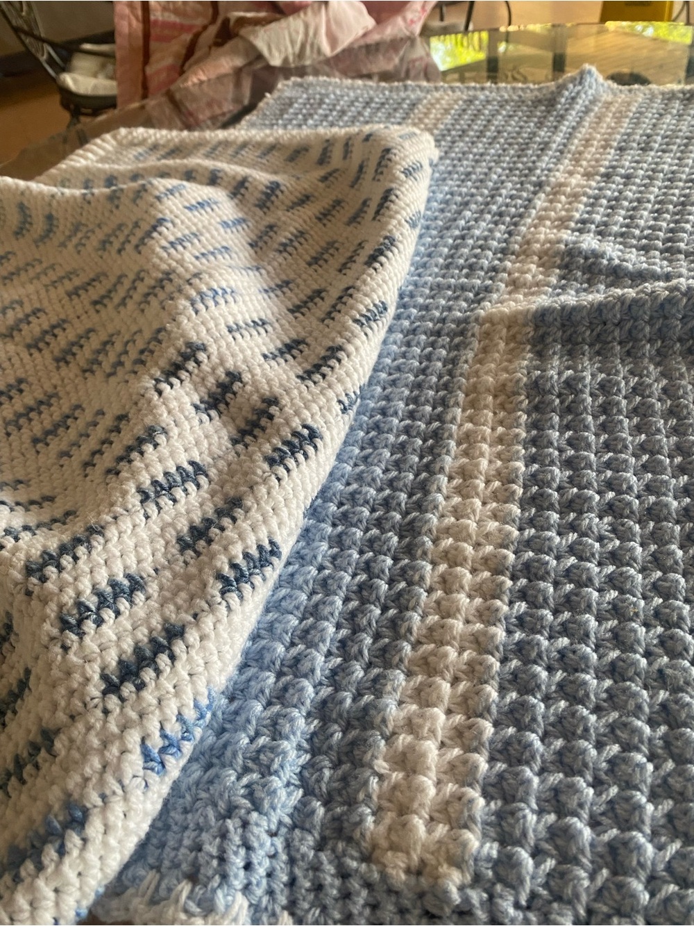 2 Handmade Crocheted Baby Blanket - Light Blue & White